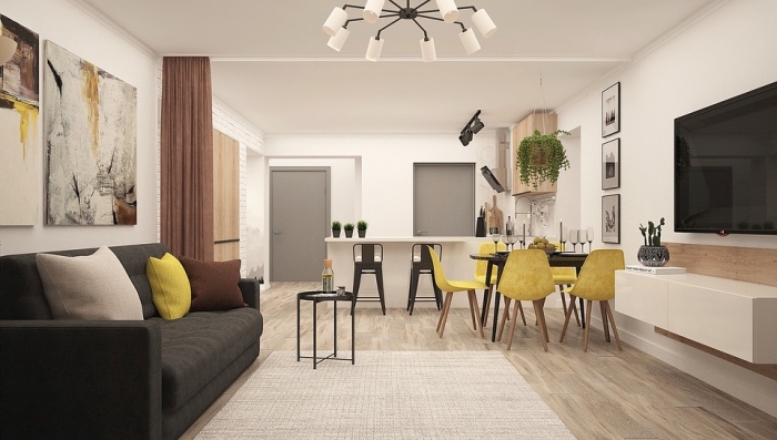 kleines wohnzimmer einrichten, wohn und esszimmer in einem raum, gelbe farbakzente