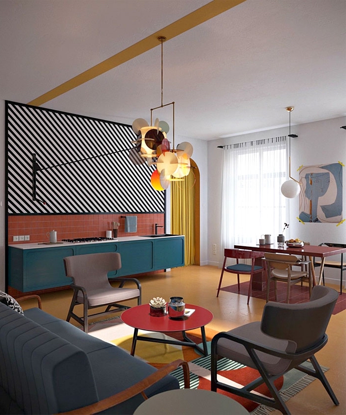 küche esszimmer und wohnzimmer in einem raum, desginer einrcihtung in modernen farben, wohnideen