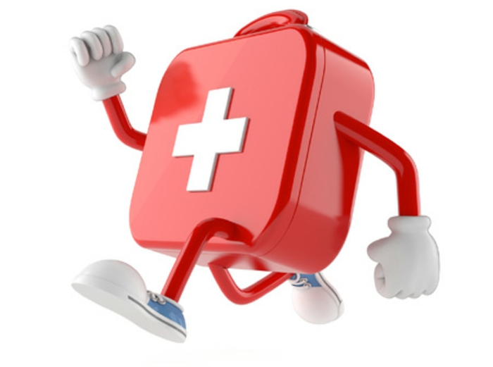 eine rote Arzttasche mit einem weißen Kreuz, mit Händen und Beinen, neue Notruftechnik