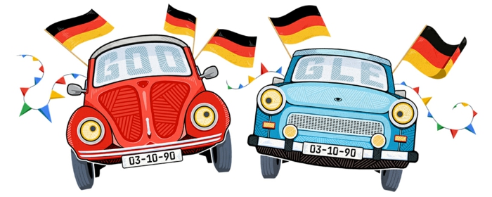 zwei Autos in roter und blauer Farbe mit deutschen Fahnen, Tag der Deutschen Einheit