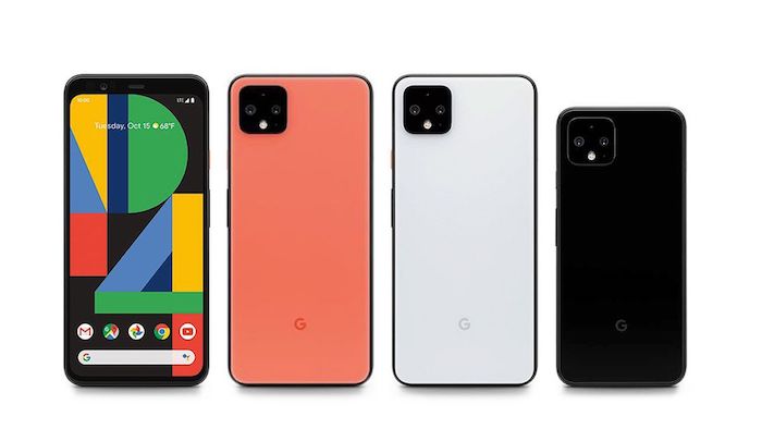 das neue smarthone von google, das pixel 4, ein schwarzes handy mit buntem bildschirm, pixel 4 in orange, weiß und schwarz