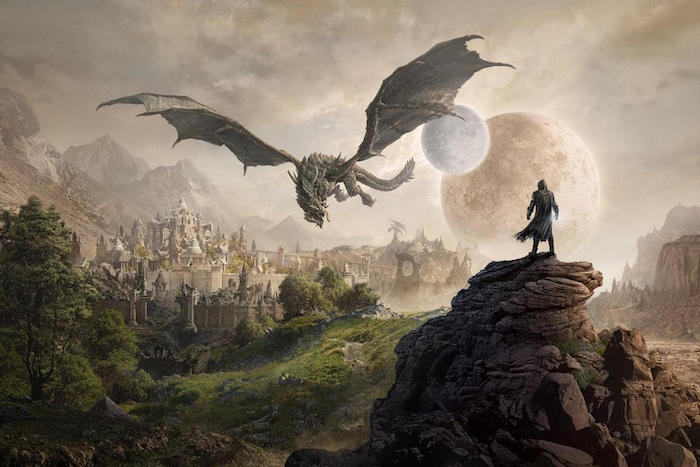 ein mann und ein großer fliegender drache, game of thrones, das prequel house of the dragon, himmel mit zwei planeten, ein wald mit grünen blättern