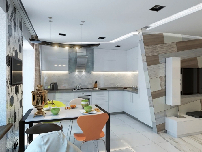 kleiner raum gestalten, kücheneinrichtung in weiß, wohnzimmer einrichten farben, küchenschränke mit led beleuchtung