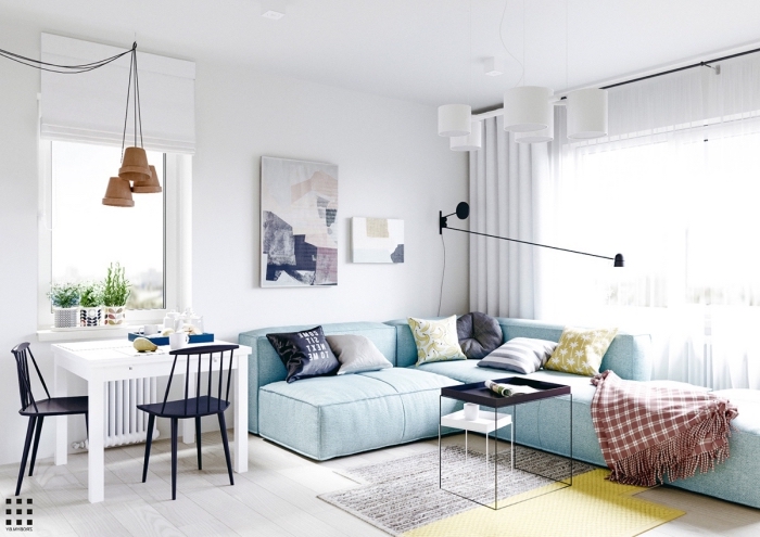 wohnzimmer ideen für kleine räume, designer einrichtung in maritinem farben, hellblaues sofa