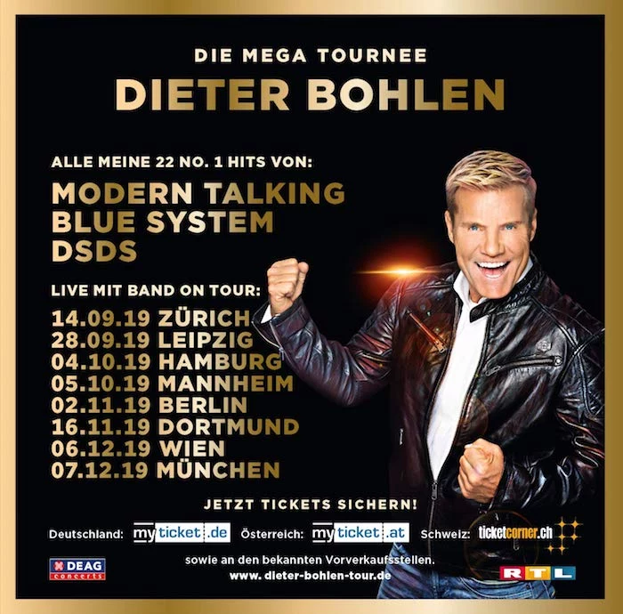 eine liste mit den konzerten der mega tour von dem sänger dieter bohlen, ein mann mit schwarzer jacke