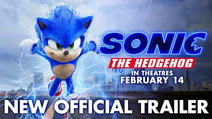 neuer trailer zu dem film sonic the hedgehog, ein kleiner blauer rennender igel mit grünen augen und eine stadt