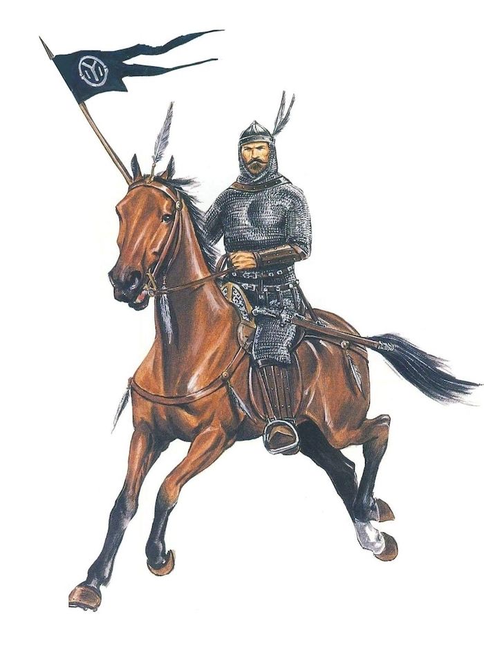 ein braunes pferd mit einer dichten schwarzen mähne, ein bulgarischer reiter mit einem schwert und fahne