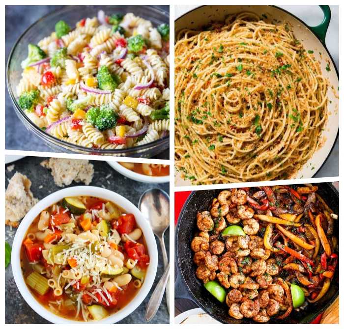 was essen ich heute abend, salat aus pasta und gemüse, suppe mit paprikas, garnelen mit limetten