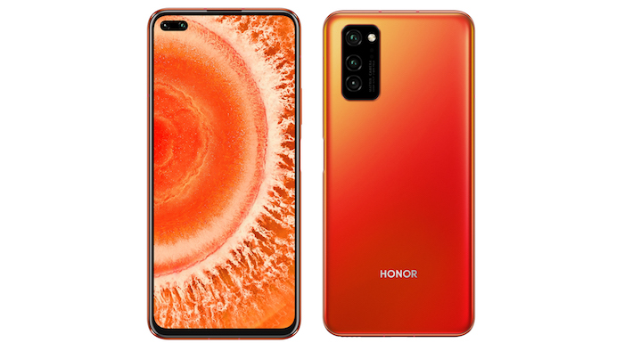 zwei orange smartphones mit einem orangen bildschirm und mit schwarzen kameras, das neue smartphone von honor namens honor view 30 pro