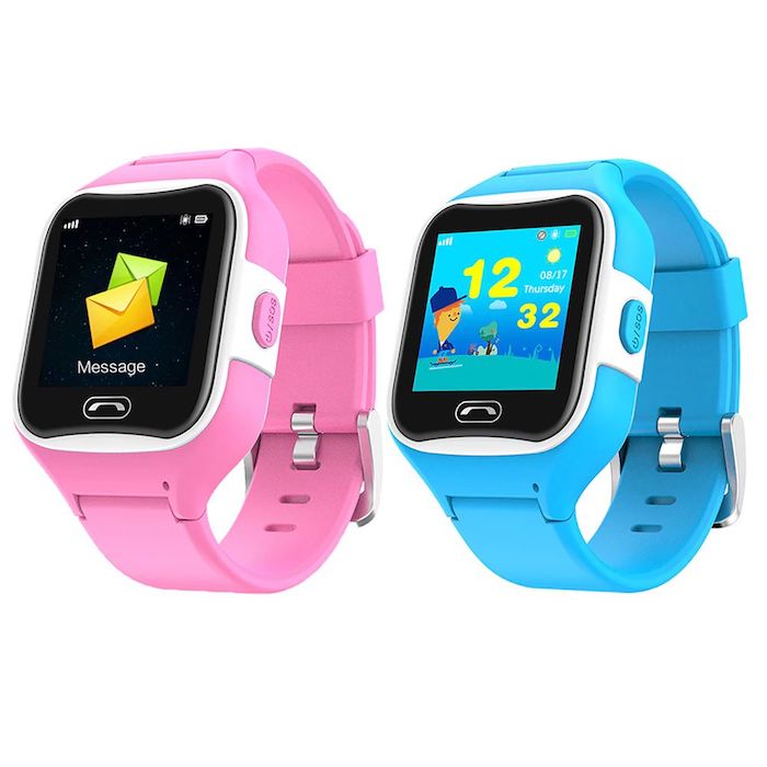 die smartwatch Sma-Watch-M2, zwei uhren für kinder, eine uhr mit einem blauen armband und eine rosafarbene uhr mit schwarzem bildschirm 