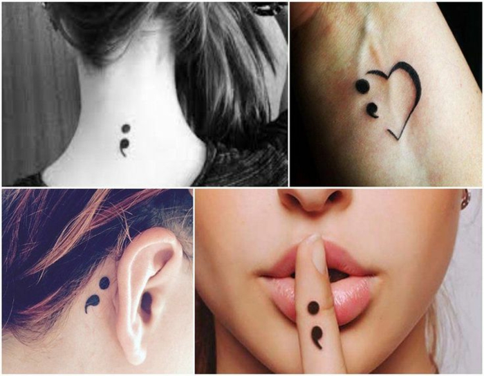 Collage von Semicolon Tattoos an verschiedenen Stellen, Finger, hinter dem Ohr, semikolon tattoo bedeutung