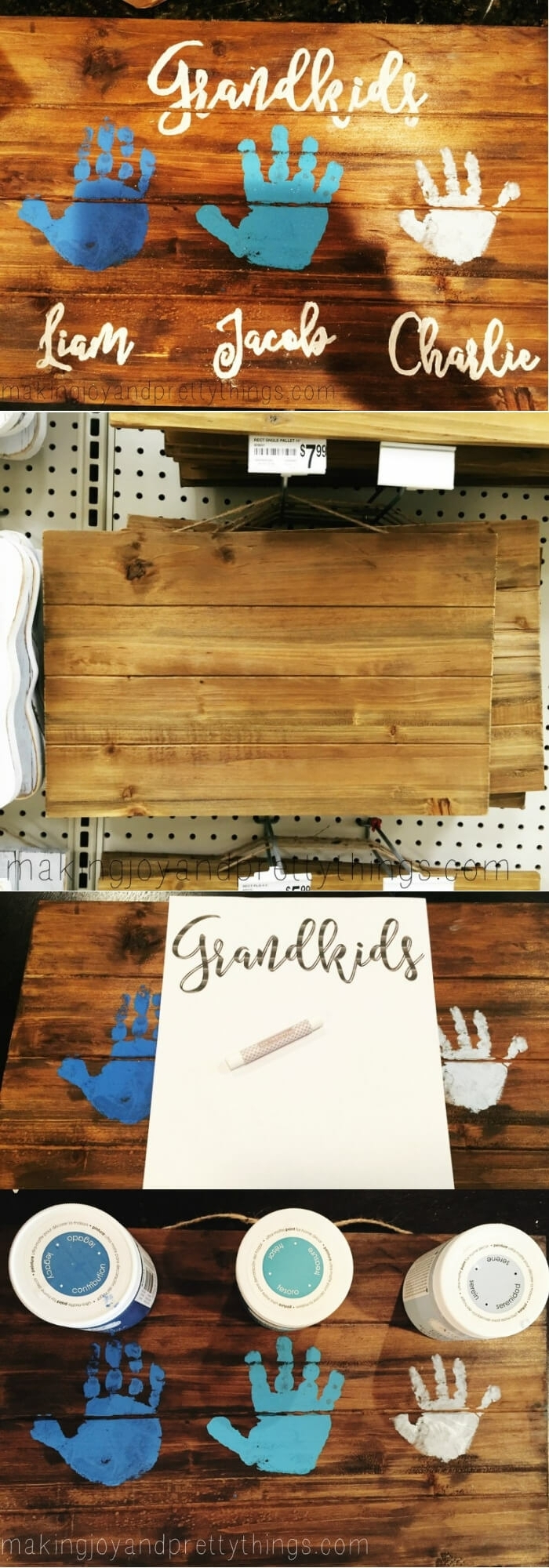 Geschenke für Großeltern von Enkeln, Handabdrücke von Kindern auf Holzbrett in blau und weiß, DIY Anleitung