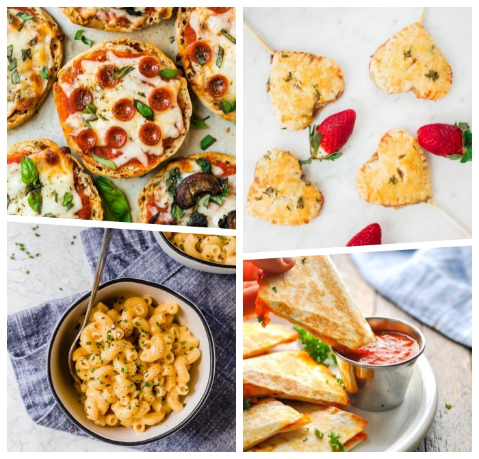 gesundes essen für kinder, pizzas mit permesan, prociutto und basilikum, pasta mit creme soße