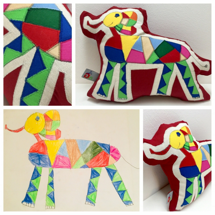 Geschenk für Oma basteln, Kinderzeichnung eines Elefanten in bunten Farben, Abdruck auf rotem Kissen