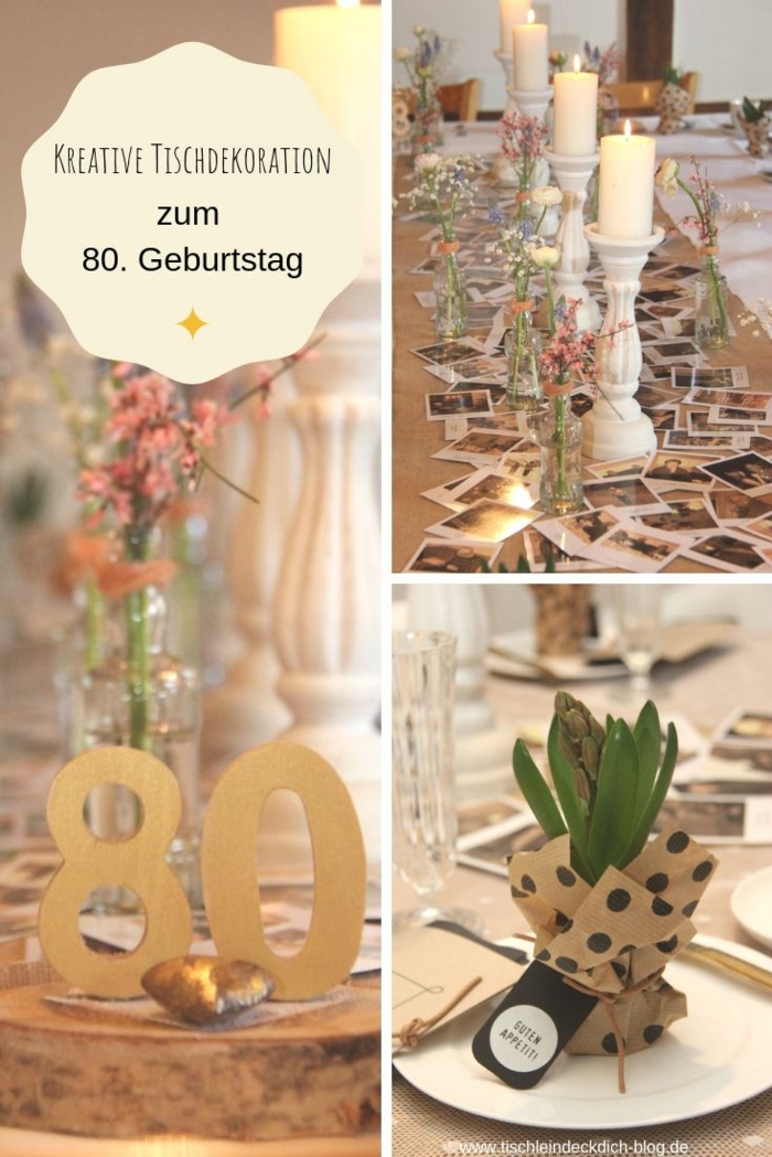 Geschenke zum 80 Geburtstag Oma, Tischläufer mit Familienfotos und Kerzen, Hyazinthen Dekoration, Vasen aus alte Flaschen mit Blumen