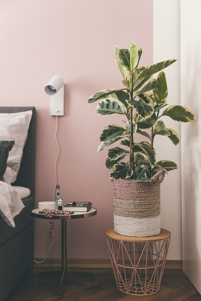Schlafzimmer rosa grau, runder Nachttisch mit Gegenständen, graues Bett mit Bettwäsche in weiß, große grüne Pflanze und Korbtisch