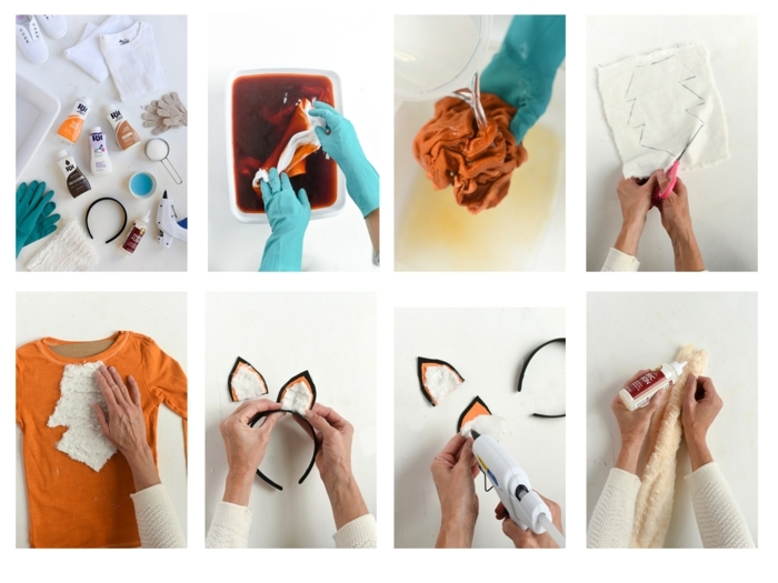 Schritt für Schritt DIY Anleitung und Zubehör zum Färben von Klamotte für Fuchs Kostüm in orange, fertigen von Bruststück 