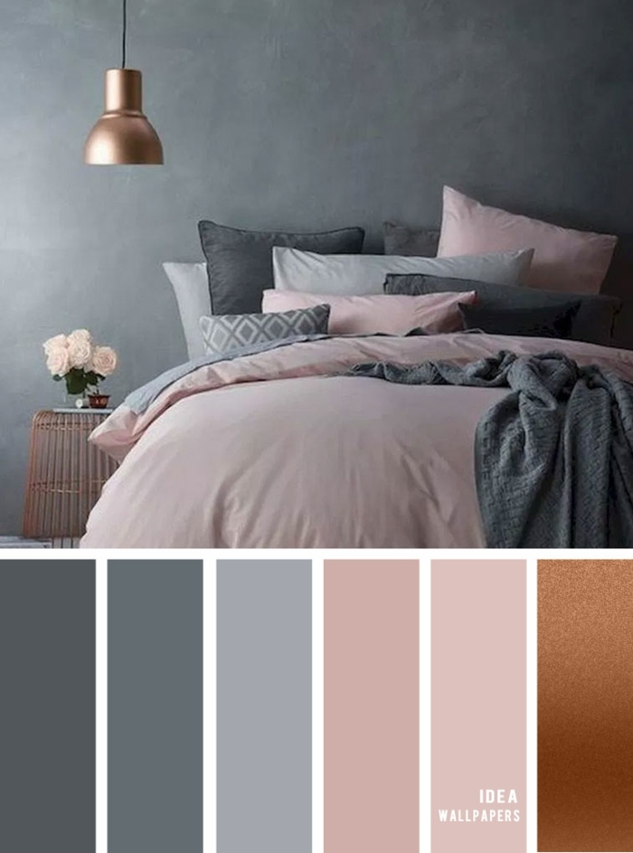 Schlafzimmer grau rosa, Bett mit Bettwäsche in rosa. Wand in grau, Farbpalette für Wandfarbe mit verschiedenen Schattierungen