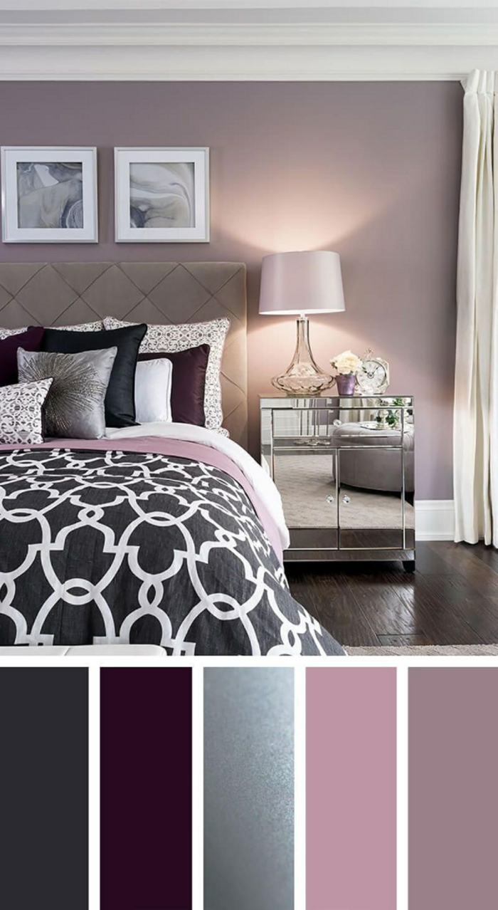 Schlafzimmer grau rosa. großes Bett mit schwarz weiße Bettwäsche, Farbpalette für Wandfarben in verschiedene Töne, verschiedenfarbige Kissen