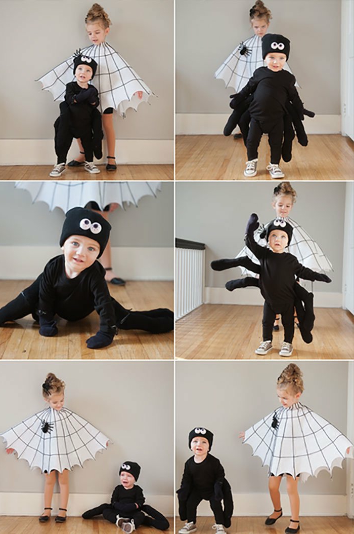 Faschingskostüme Jungen, Spinnen Kostüm in schwarz mit Beine, Mädchen im Spinnennetz Kostüm in weiß