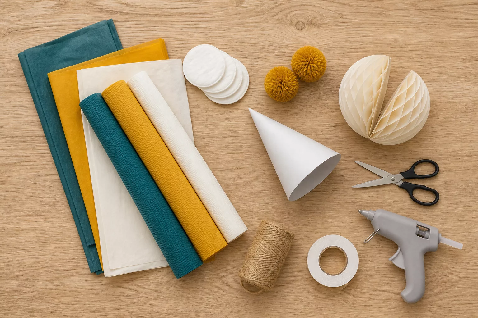 Flatlay mit Bastelmaterial für Kindergeburtstag Deko: Papier, Wattepads, Wabenball