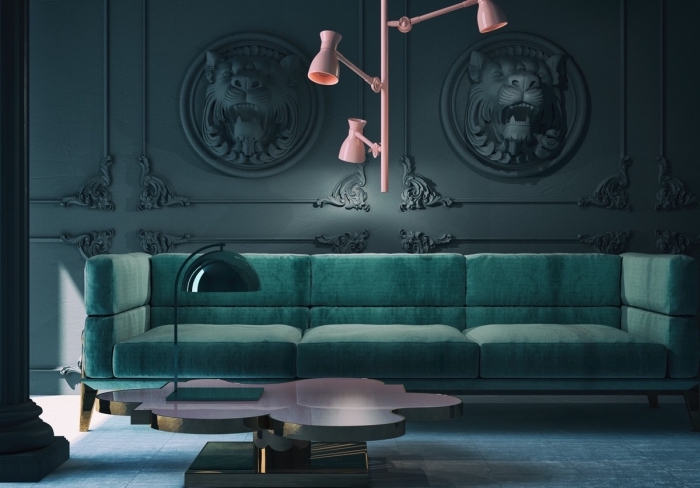 moderne wandfarben ideen, blaugrünes sofa, rosa leuchte, designer tisch aus metall