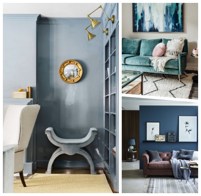 pantone farbe 2019, graue wand, wanddeko ideen, runder spiegel, trendige farbideen