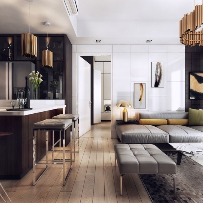 pantone farbe 2019, wohnzimmer und küche in einem, einrichtung in weiß, braun und grau, goldene akzente