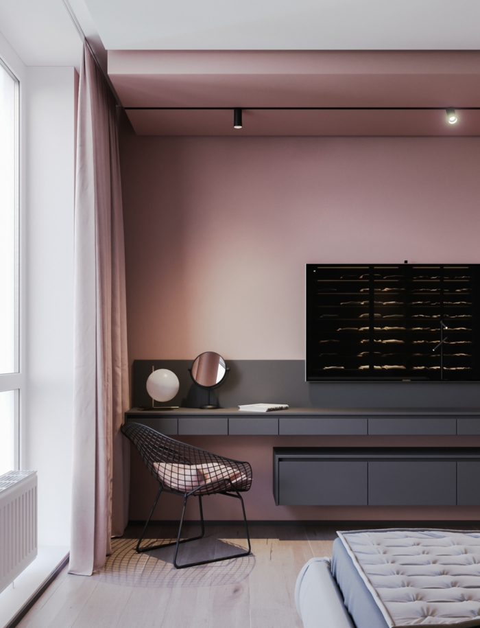 moderne Inneneinrichtung mit Möbel in grau, Schlafzimmer altrosa, moderner Stuhl in schwarz, Gardinen in rosa
