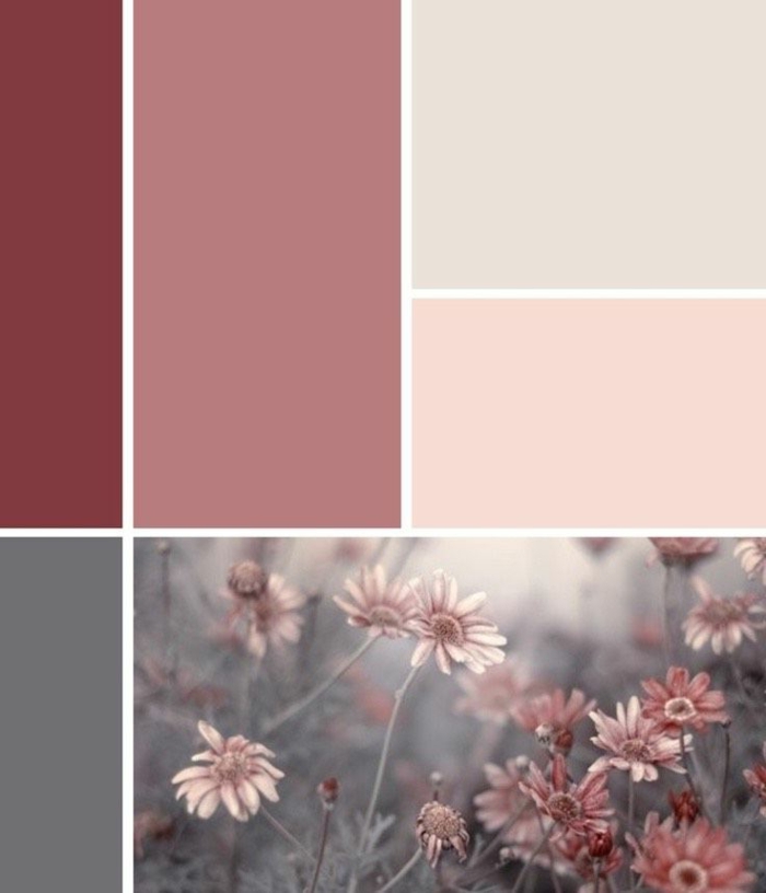 Mischfarben für Wände, verschiedene Rosa Töne, rosa Farbe, Farbpalette für Wandfarbe, Blumen in pink