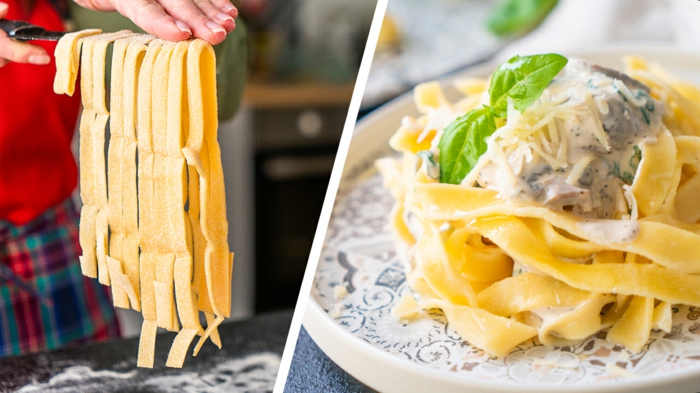 schnelle rezepte mittagessen, pasta mit chmpigong knobluach soße, selbstgemachte tagliatelle