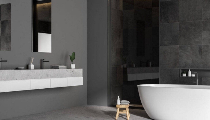 schöne wandfarben, badezimmer gestalten in weiß und anthrazit, minimalistisch wohnen