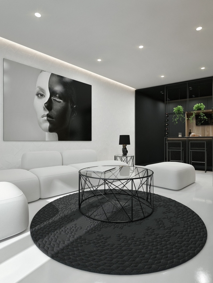 schöner wohnen wandfarbe, wohnzimmer gestalten in schwarz und weiß, wohnzimmerbelecuhtung ideen
