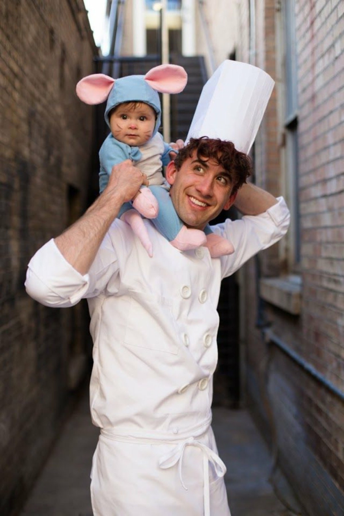 Ratatouille Kostüm, Vater und Kind, Kind im Mauskostüm in blau, Vater verkleidet als Koch, Faschingskostüm Kleinkind, 