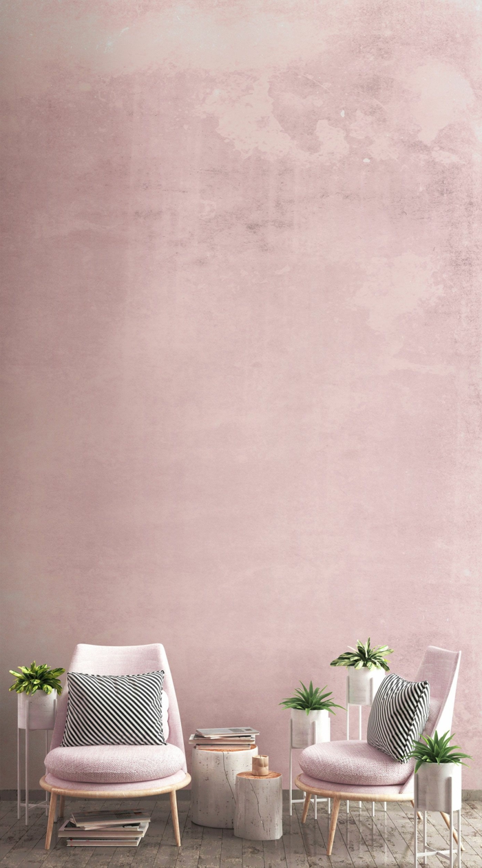 Wohnzimmer grau rosa, zwei Stühle in altrosa und gestreifte Kissen in schwarz und weiß, Dekoration mit grünen Blumen, grauer Boden
