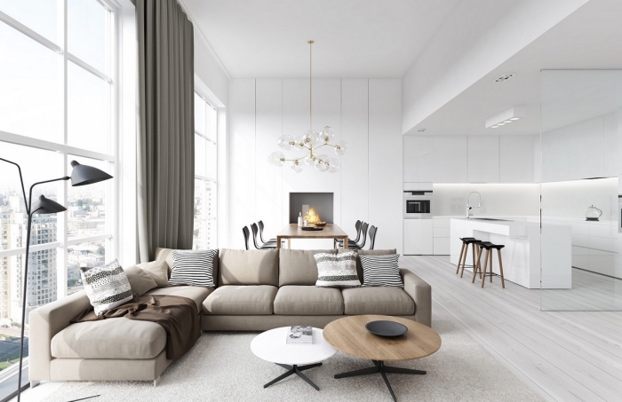wohnzimmer farben 2019, desginer mäbel, küche und wohnzimmer in einem, beige ecksofa