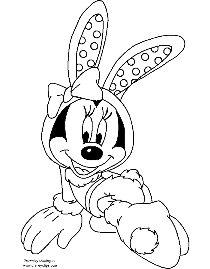 Osterbilder zum Ausmalen, Minnie Mouse mit Osterhasenkostüm, mit Hasenohren 