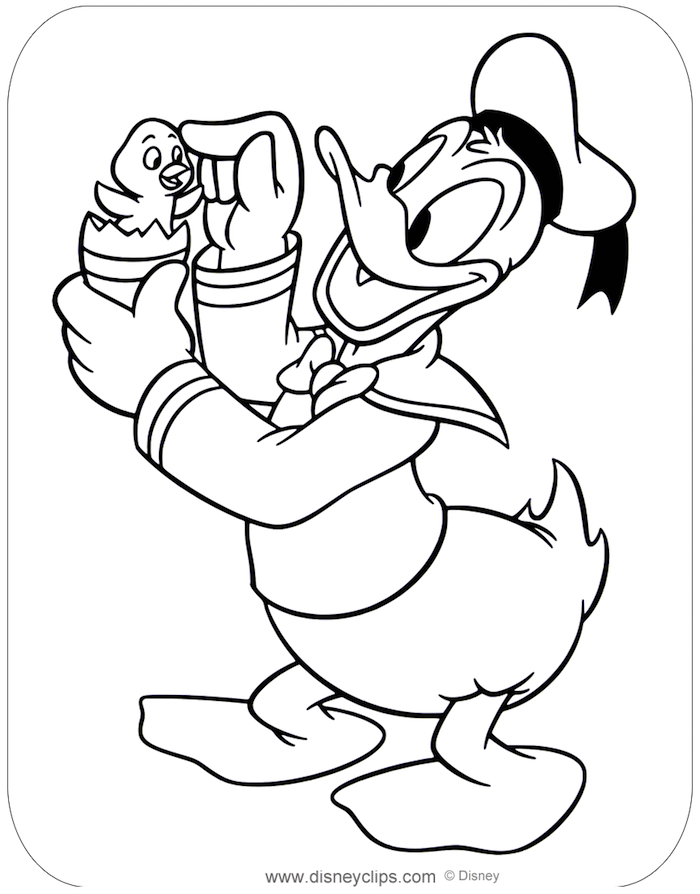 Disney Ausmalbilder für Ostern, Donald Duck hält ein kleines Küken in Osterei