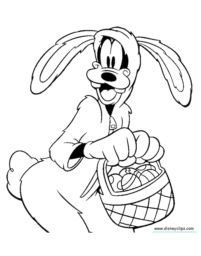 Disney Bilder zum Ausmalen für Ostern, Goofy in Osterhasenkostüm mit Hasenohren hält Osterkörbchen 