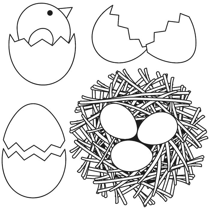 Osterbild zum Ausdrucken und Audmalen, Osternest mit drei Eiern, kleines Küken 