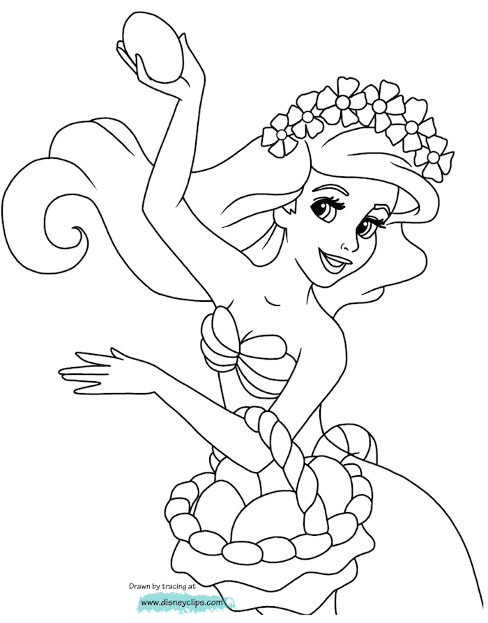 Ariel the little Mermaid Bild zum Ausmalen, Ariel mit Blumenkranz hält Osterkörbchen mit Ostereiern 