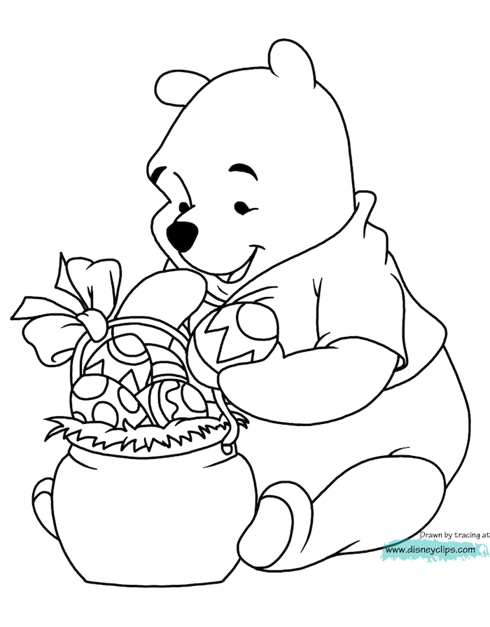 Disney Bilder zum Ausdrucken für Kinder, Winnie the Pooh füllt Osterkorb mit Ostereiern 