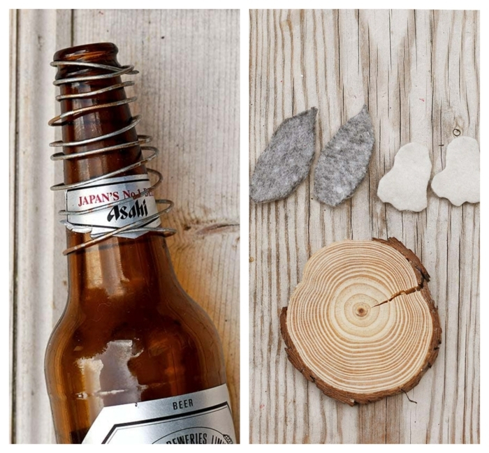 DIY Anleitung zum Basteln von Osterhase, Feder formen mit einer Bierflasche, Holzscheibe und Füße und Ohren aus Stoff, pinterest osterdeko