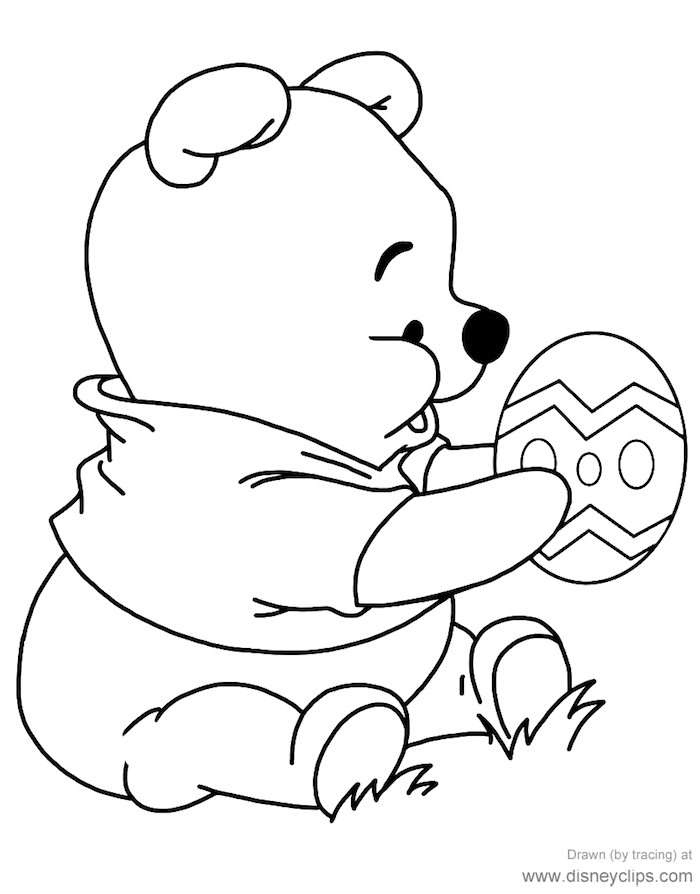 Baby Pooh hält riesiges Osterei, Disney Ausmalbilder für Ostern zum Ausdrucken 