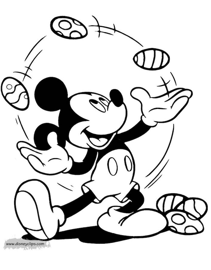 Mickey Mouse jongliert mit Ostereiern, Disney Bilder zum Ausdrucken und Ausmalen 