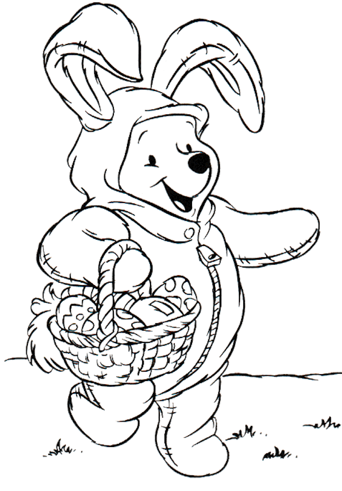 Winnie the Pooh mit Osterhasenkostüm und Hasenohren hält Osterkörbchen voll mit Ostereiern