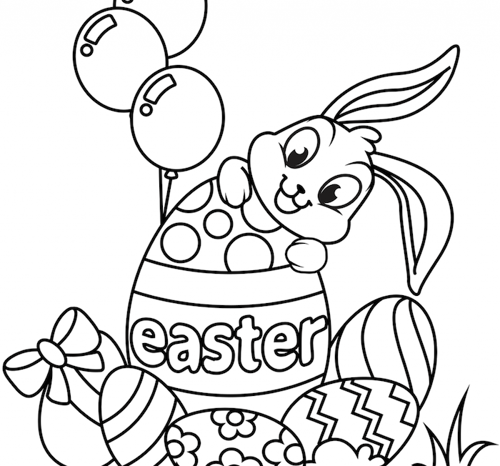 Osterhase zum Ausmalen, Hase in riesigem Ei mit Aufschrift Easter, kleine Ostereier und drei Ballons 