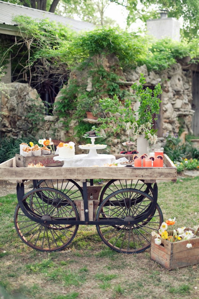 Upcycling Ideen Garten, Gartentisch aus altern Rädern, gedeckt für eine Party, Gartendeko aus Holz, Kiste gefüllt mit BLumen