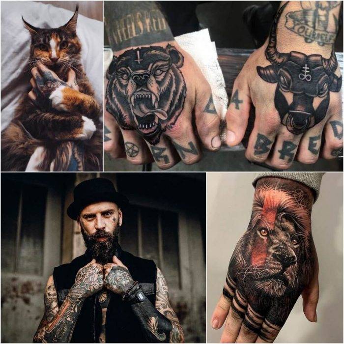 hand tattoo mann, bär und stier, realitischer löwenkopf in schwarz und rot, tätowierungen ideen