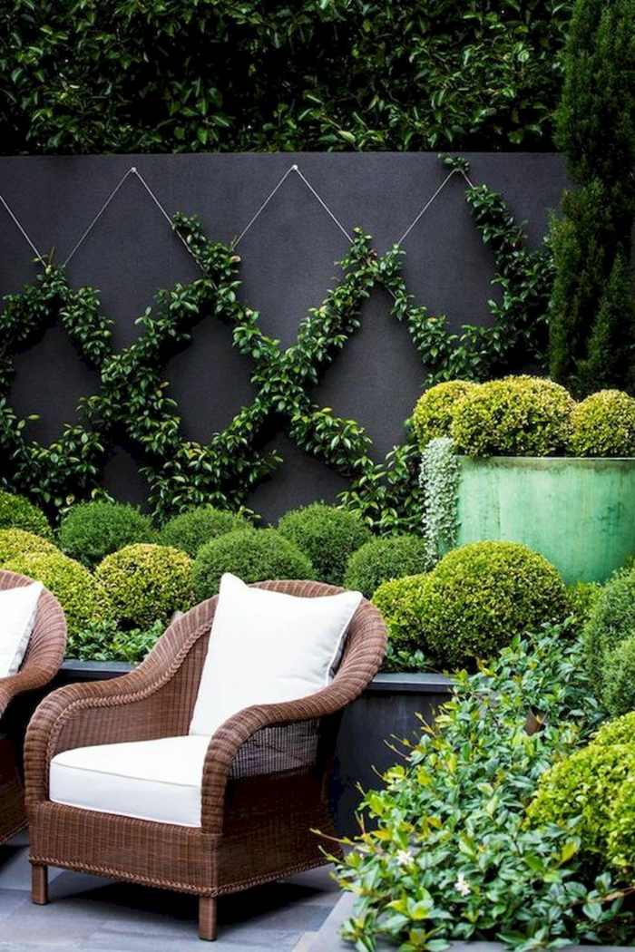 Sichtschutz aus grünen Pflanzen, Lianen auf schwarze Wand, Gartendeko selber machen, holzerner Stuhl mit weißen Kissen